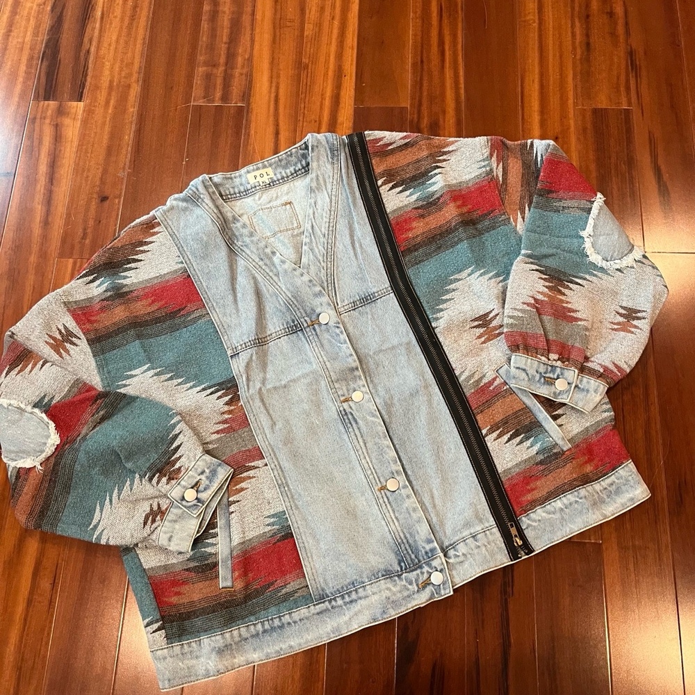New POL Denim Jacket Aztec Southwest Boho Tapestry Print Jean Size XL